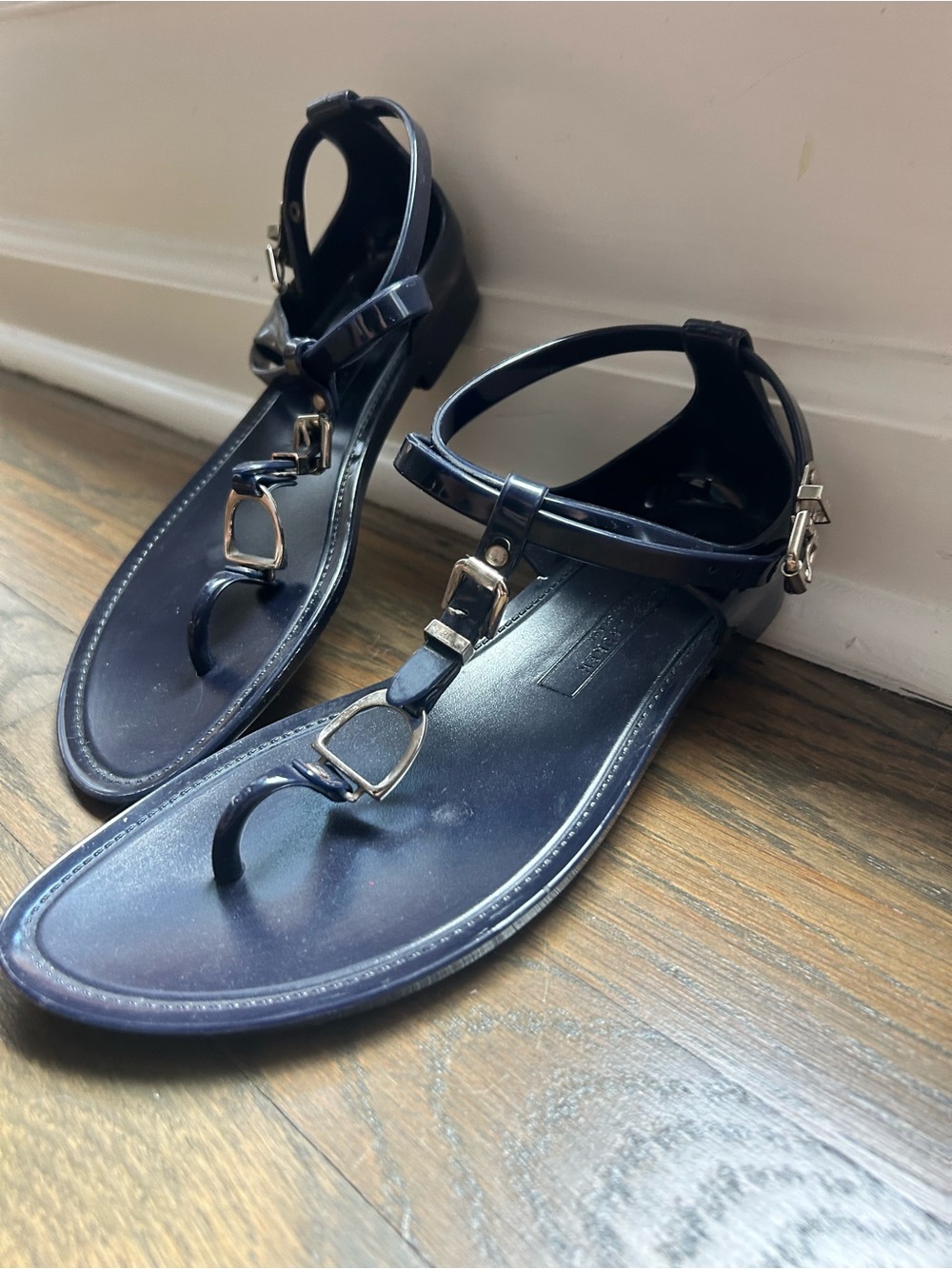 Ralph Lauren Collection Navy Blue Ankle-Strap T-Strap Sandals